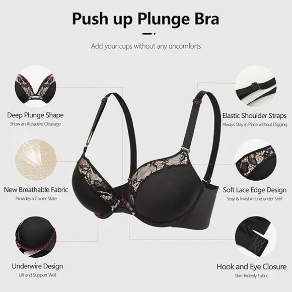 Women's 38A Push Up Padded Lift Support Underwire Add 2 Cup Plunge Bra Black - Picture 8 of 9